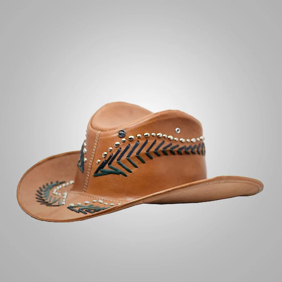 New Men Handmade Western Cowboy Leather Hat Brown - Image 2