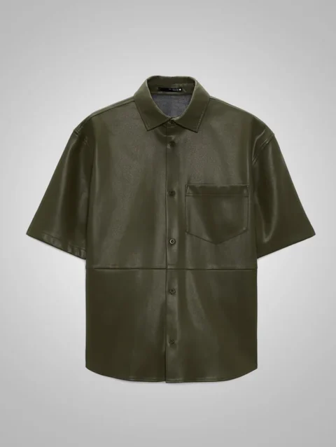 Men's Dark Green Half Sleeves Leather Shirt