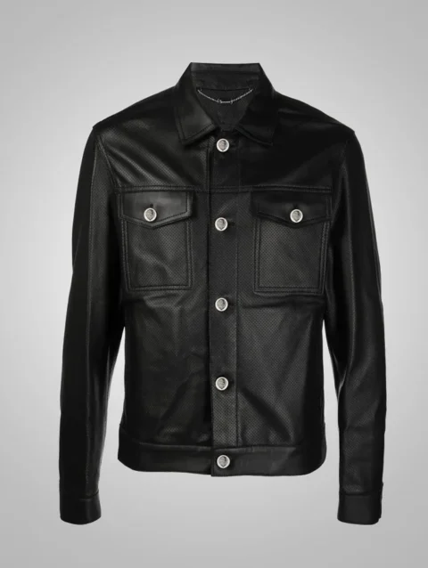 Men's Dotted Pattern Full Sleeves Black Leather Shirt