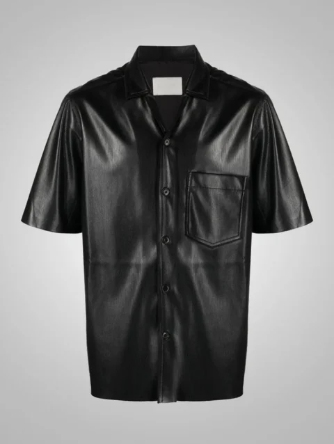 Men's Fine Grain Half Sleeves Black Leather Shirt