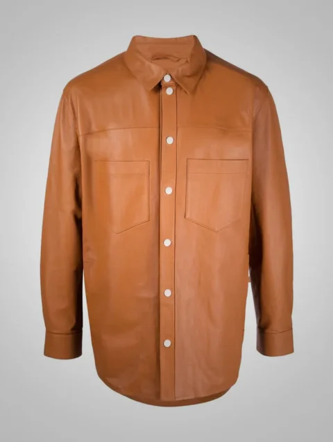 Men's Snap Button Closure Brown Leather Shirt