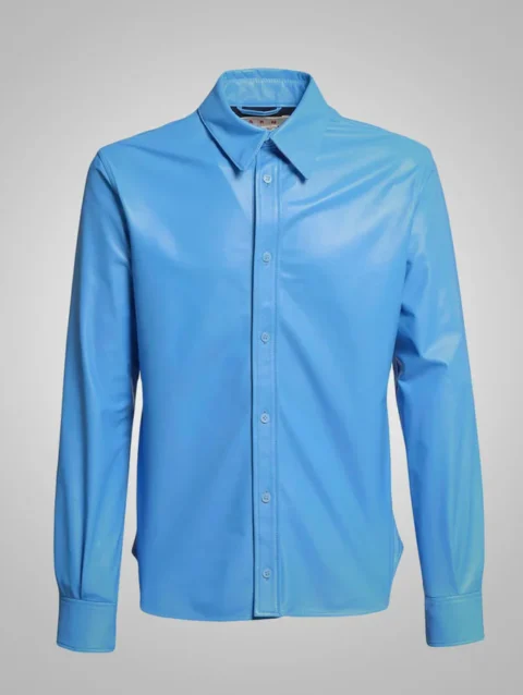Sky Blue Lambskin Leather Shirt Men